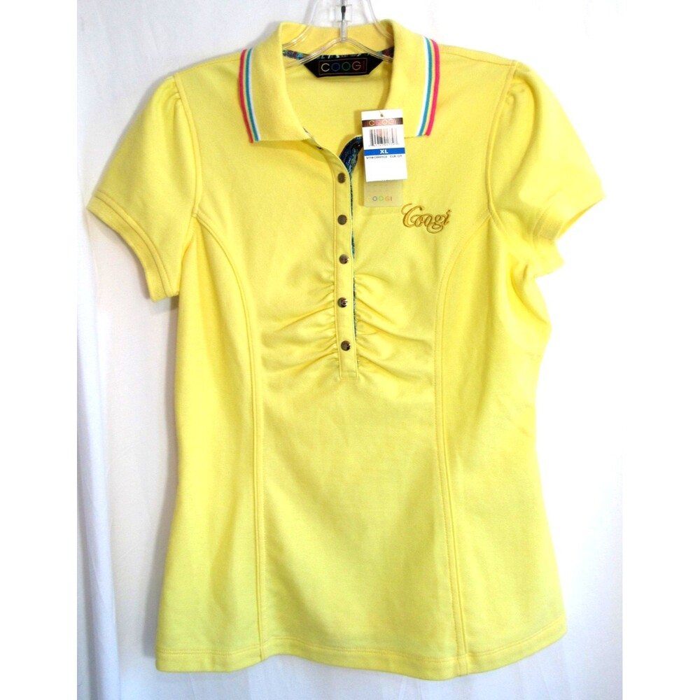 Coogi Yellow Snap Down Gathered Front Short Sleeve Polo Shirt Size XL NWT